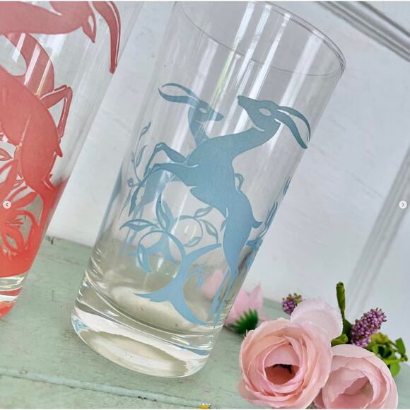 Vintage Drinking Glass Tumbler MCM Barware Glassware Red Blue Gazelle Faded PAIR - Picture 2 of 4